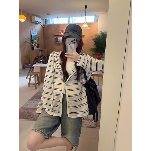 2026年新款春裝休閒風條紋長袖連帽開衫外套女夏季薄款防曬衫上衣