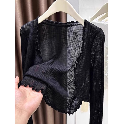 花邊藍色冰絲針織開衫女薄款夏配吊帶裙外搭薄款微透披肩V領罩衫