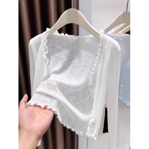 花邊藍色冰絲針織開衫女薄款夏配吊帶裙外搭薄款微透披肩V領罩衫