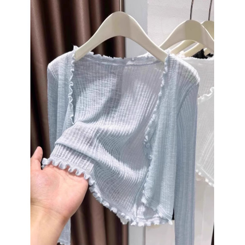 花邊藍色冰絲針織開衫女薄款夏配吊帶裙外搭薄款微透披肩V領罩衫