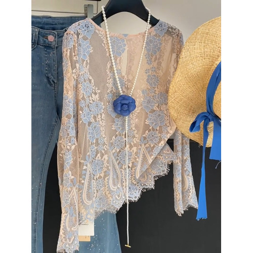 法式復古重工蕾絲勾花上衣女2025年夏新款時尚防曬圓領百搭打底衫