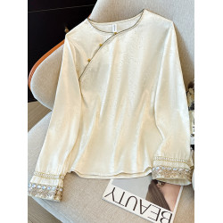 新中式緞面提花斜襟刺綉襯衫女2026早秋新款氣質國風時髦內搭上衣