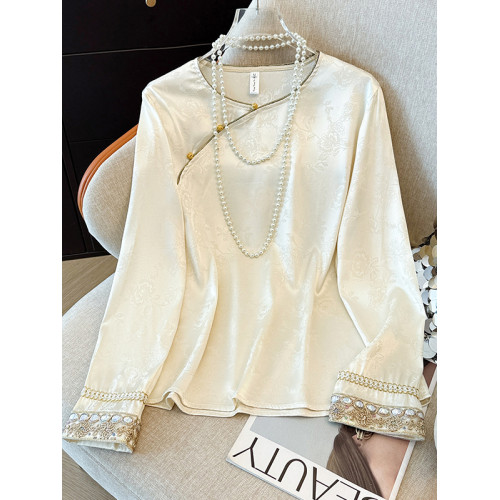 新中式緞面提花斜襟刺綉襯衫女2026早秋新款氣質國風時髦內搭上衣