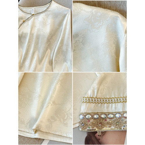 新中式緞面提花斜襟刺綉襯衫女2026早秋新款氣質國風時髦內搭上衣