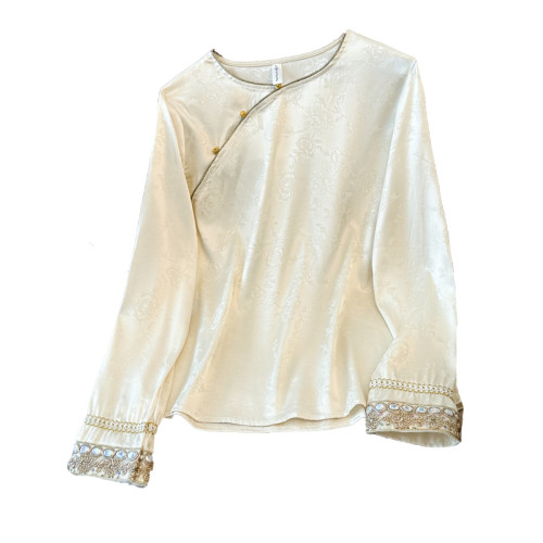 新中式緞面提花斜襟刺綉襯衫女2026早秋新款氣質國風時髦內搭上衣