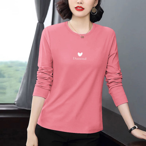 純棉圓領秋季新款長袖大碼女士正肩印花簡約百搭寬鬆t恤上衣洋氣