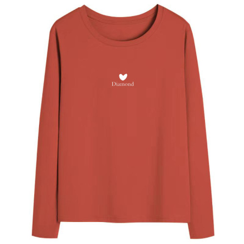 純棉圓領秋季新款長袖大碼女士正肩印花簡約百搭寬鬆t恤上衣洋氣