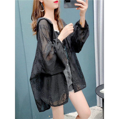 冰絲刺綉防曬衣女夏2025新款大碼寬鬆中長款雪紡薄款襯衫連帽外套