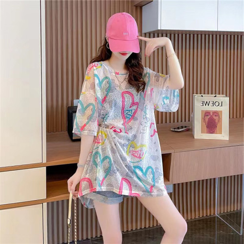 白色超仙中長款冰絲夏季寬鬆防曬短袖t恤女神範性感半透明上衣服