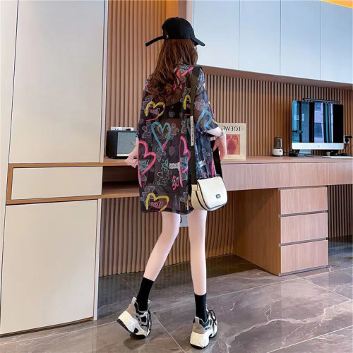 白色超仙中長款冰絲夏季寬鬆防曬短袖t恤女神範性感半透明上衣服