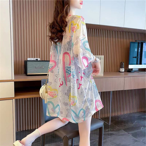 白色超仙中長款冰絲夏季寬鬆防曬短袖t恤女神範性感半透明上衣服