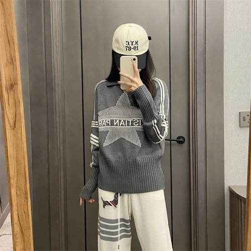 25秋冬法式繙領小衆設計感打底衫毛衣五角星字母提花針織上衣百搭