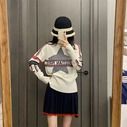 25秋冬法式繙領小衆設計感打底衫毛衣五角星字母提花針織上衣百搭