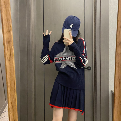 25秋冬法式繙領小衆設計感打底衫毛衣五角星字母提花針織上衣百搭