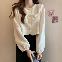 早秋新款小香風短款襯衣長袖女裝寬鬆設計感小衆襯衫薄款別致上衣