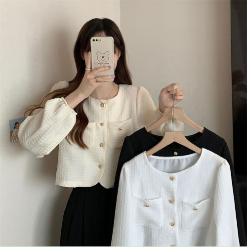 早秋新款小香風短款襯衣長袖女裝寬鬆設計感小衆襯衫薄款別致上衣