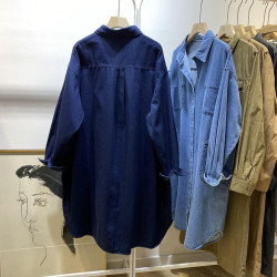 POLO領大碼2-300斤中長款牛仔外套女春秋胖MM寬鬆襯衫長袖上衣潮