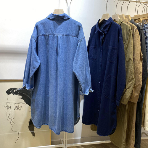 POLO領大碼2-300斤中長款牛仔外套女春秋胖MM寬鬆襯衫長袖上衣潮