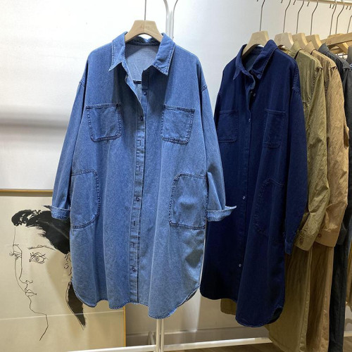 POLO領大碼2-300斤中長款牛仔外套女春秋胖MM寬鬆襯衫長袖上衣潮