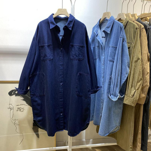 POLO領大碼2-300斤中長款牛仔外套女春秋胖MM寬鬆襯衫長袖上衣潮