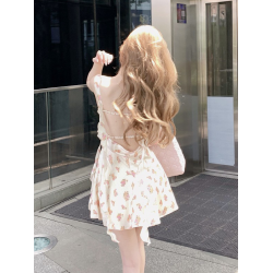 高級精緻海邊度假風A字短裙子女性感蕩領飄帶露背吊帶碎花連衣裙