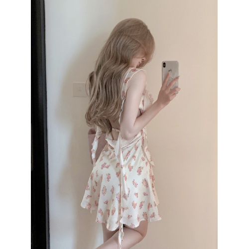 高級精緻海邊度假風A字短裙子女性感蕩領飄帶露背吊帶碎花連衣裙