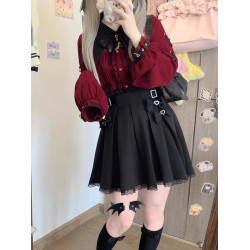 暗黑萬聖節吸血姬甜酷蝙蝠蕾絲領子黑紅色長短袖襯衫上衣