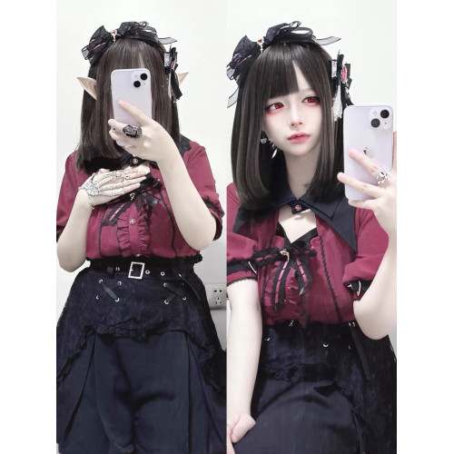 暗黑萬聖節吸血姬甜酷蝙蝠蕾絲領子黑紅色長短袖襯衫上衣