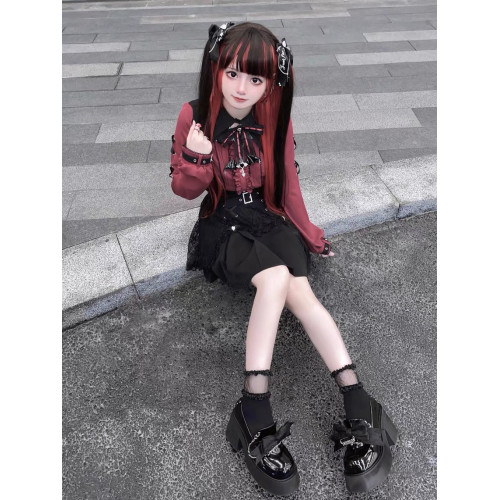 暗黑萬聖節吸血姬甜酷蝙蝠蕾絲領子黑紅色長短袖襯衫上衣