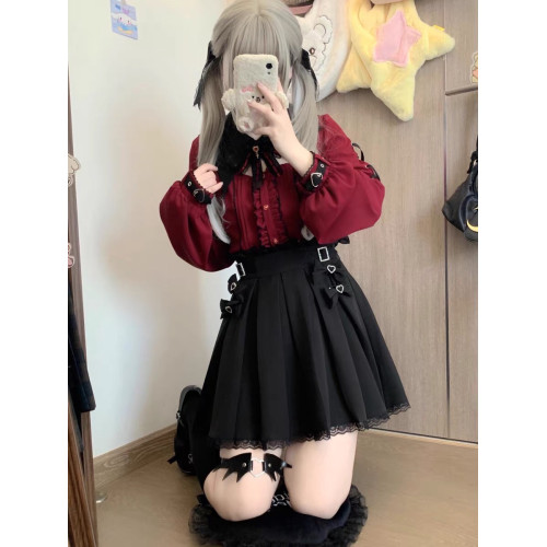 暗黑萬聖節吸血姬甜酷蝙蝠蕾絲領子黑紅色長短袖襯衫上衣