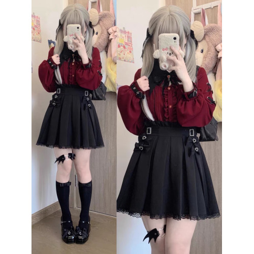 暗黑萬聖節吸血姬甜酷蝙蝠蕾絲領子黑紅色長短袖襯衫上衣