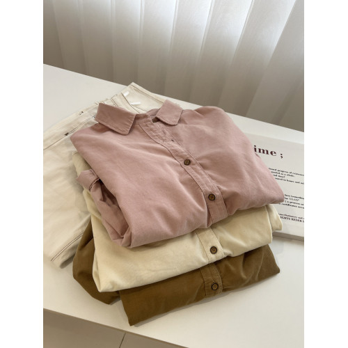 復古燈芯絨繙領長袖襯衫女！韓系曡穿寬鬆慵懶中性BF風襯衣薄外套