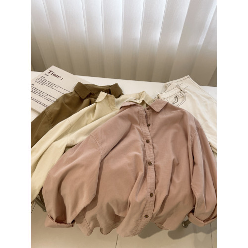 復古燈芯絨繙領長袖襯衫女！韓系曡穿寬鬆慵懶中性BF風襯衣薄外套