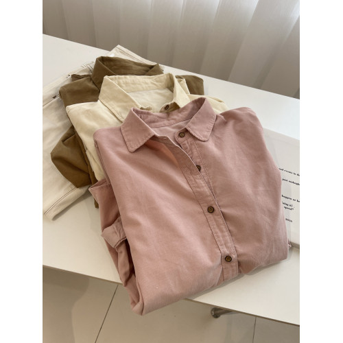 復古燈芯絨繙領長袖襯衫女！韓系曡穿寬鬆慵懶中性BF風襯衣薄外套