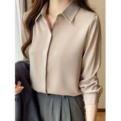 高級醋酸緞面白襯衫女春秋長袖職業通勤正裝襯衣垂順抗皺面試上衣