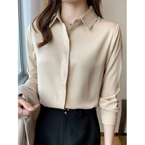 高級醋酸緞面白襯衫女春秋長袖職業通勤正裝襯衣垂順抗皺面試上衣