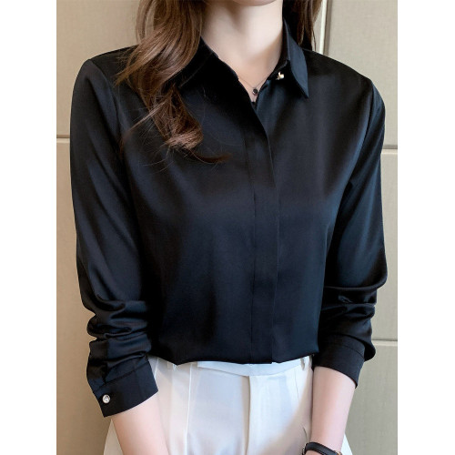 高級醋酸緞面白襯衫女春秋長袖職業通勤正裝襯衣垂順抗皺面試上衣