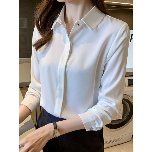 高級醋酸緞面白襯衫女春秋長袖職業通勤正裝襯衣垂順抗皺面試上衣