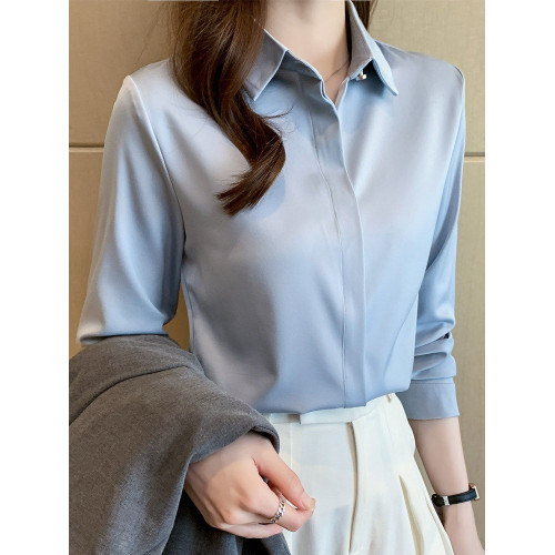 高級醋酸緞面白襯衫女春秋長袖職業通勤正裝襯衣垂順抗皺面試上衣
