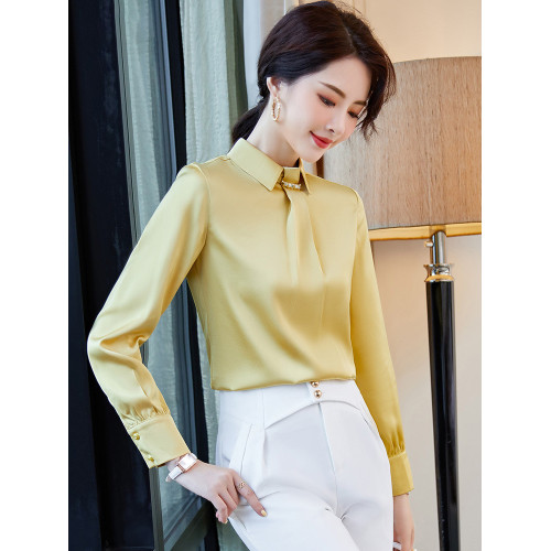 長袖緞面襯衫女春秋新款氣質女神範OL職業襯衣時尚高級感粉色上衣