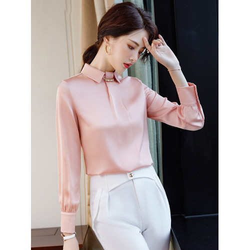 長袖緞面襯衫女春秋新款氣質女神範OL職業襯衣時尚高級感粉色上衣