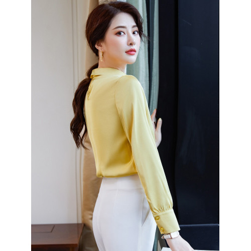 長袖緞面襯衫女春秋新款氣質女神範OL職業襯衣時尚高級感粉色上衣