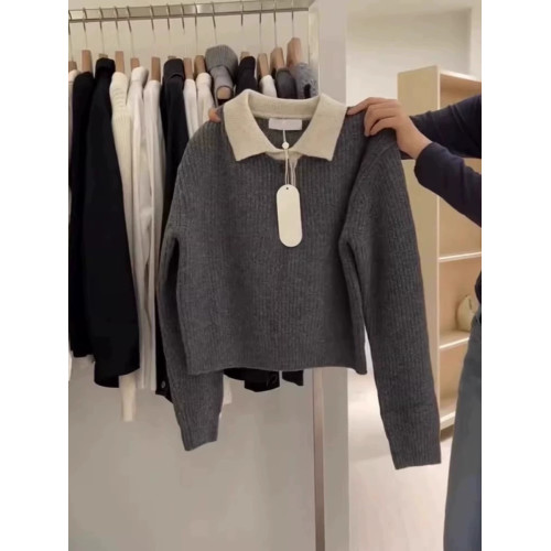 濮院復古日系爆款高級感灰色POLO領針織衫拼色短款毛衣女秋冬上衣