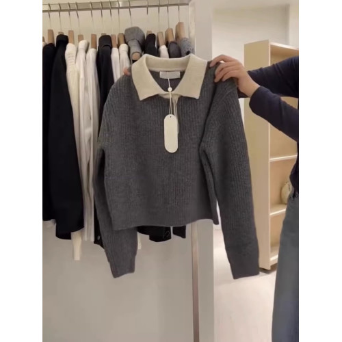 濮院復古日系爆款高級感灰色POLO領針織衫拼色短款毛衣女秋冬上衣