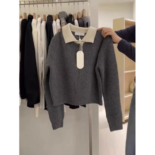 濮院復古日系爆款高級感灰色POLO領針織衫拼色短款毛衣女秋冬上衣