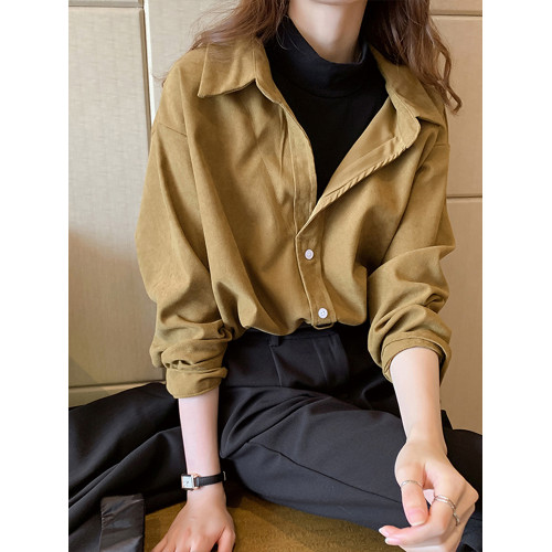 假兩件襯衫女裝新款春秋季曡穿內搭打底半高領上衣復古港味襯衣冬