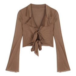 法式甜辣妹系帶長袖襯衫女裝夏季短款束腰薄款防曬設計感小衆上衣