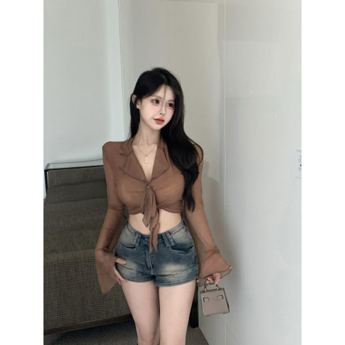 法式甜辣妹系帶長袖襯衫女裝夏季短款束腰薄款防曬設計感小衆上衣