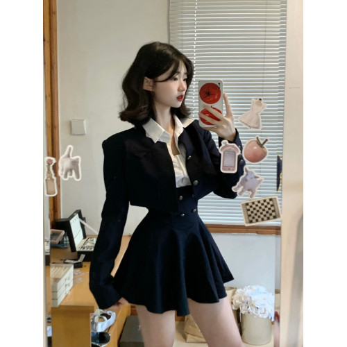 甜辣學院風套裝女秋季辣妹修身短款西裝外套JK裙製服三件套