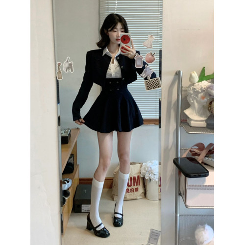 甜辣學院風套裝女秋季辣妹修身短款西裝外套JK裙製服三件套